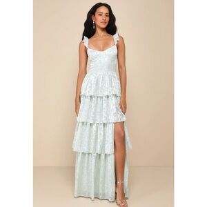 Lulus Stunning Glory Sage Green Floral Jacquard Tiered Chiffon Maxi Dress NWT Sm